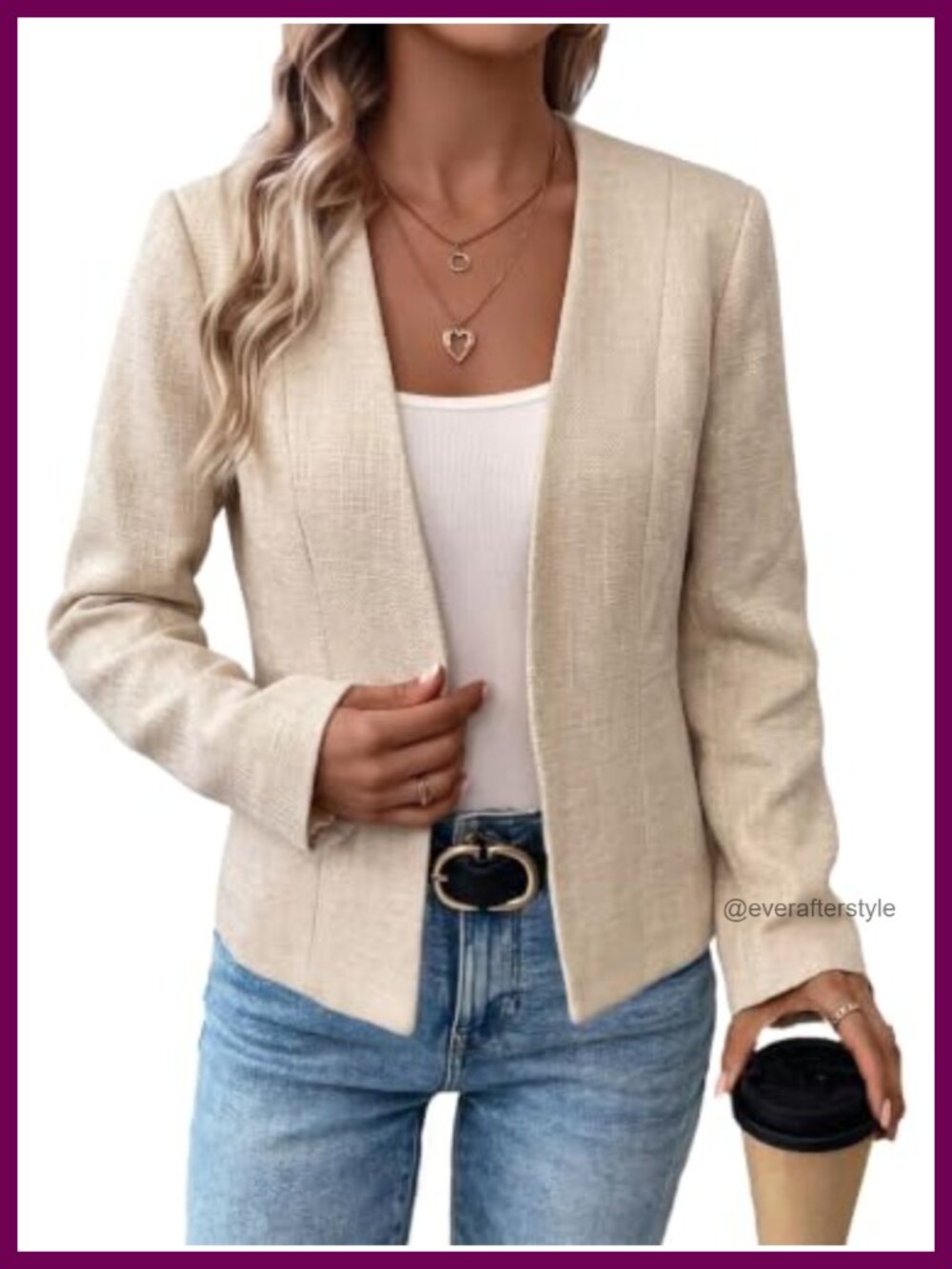 Tweed Blazer Open Front Collarless Cropped Work Jacket for Women